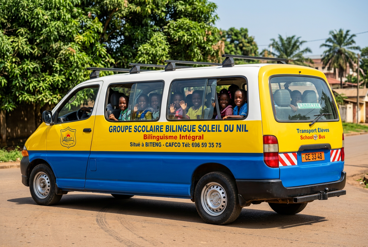 Car de transport scolaire officiel du Groupe Scolaire Bilingue Soleil du Nil, jaune et bleu